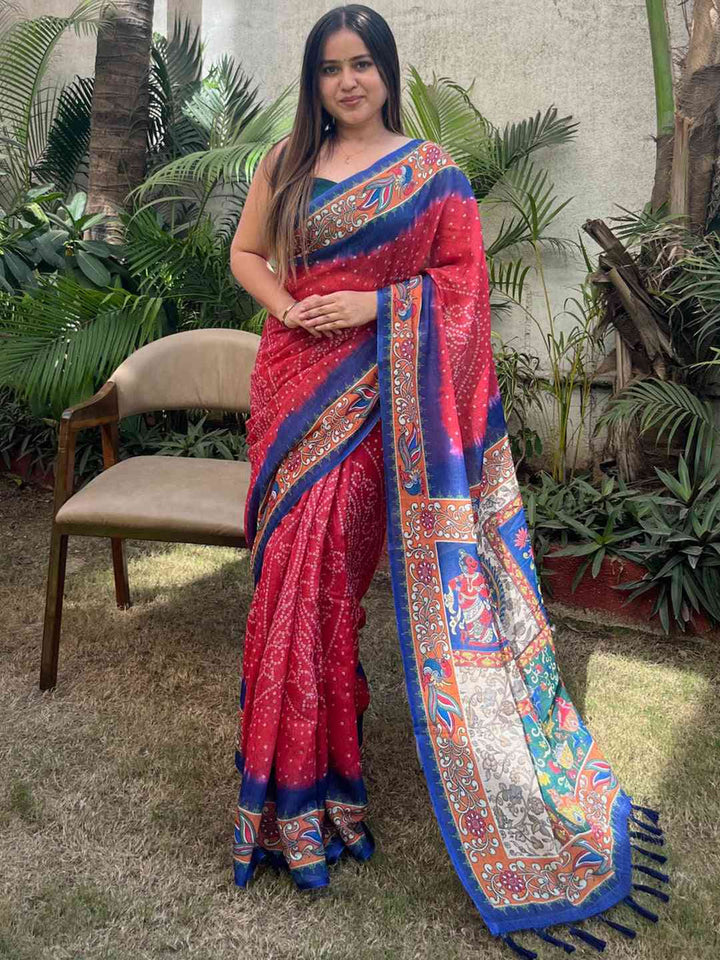 Red Bandhani Print Soft Silk Saree with Multicolor Kalamkari Pallu & Blue Border
