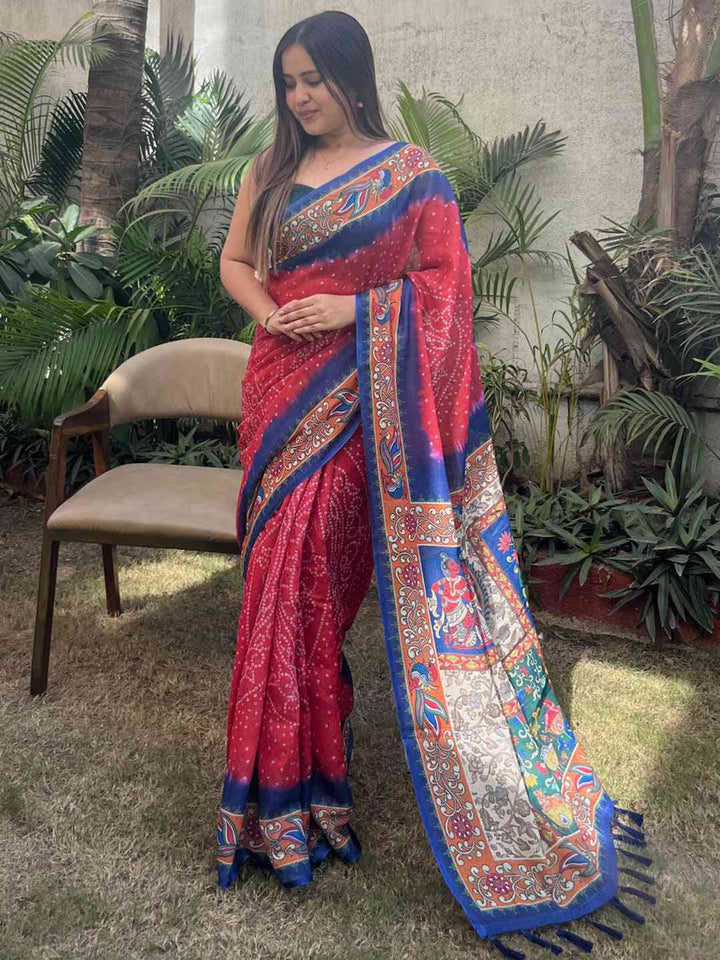 Red Bandhani Print Soft Silk Saree with Multicolor Kalamkari Pallu & Blue Border