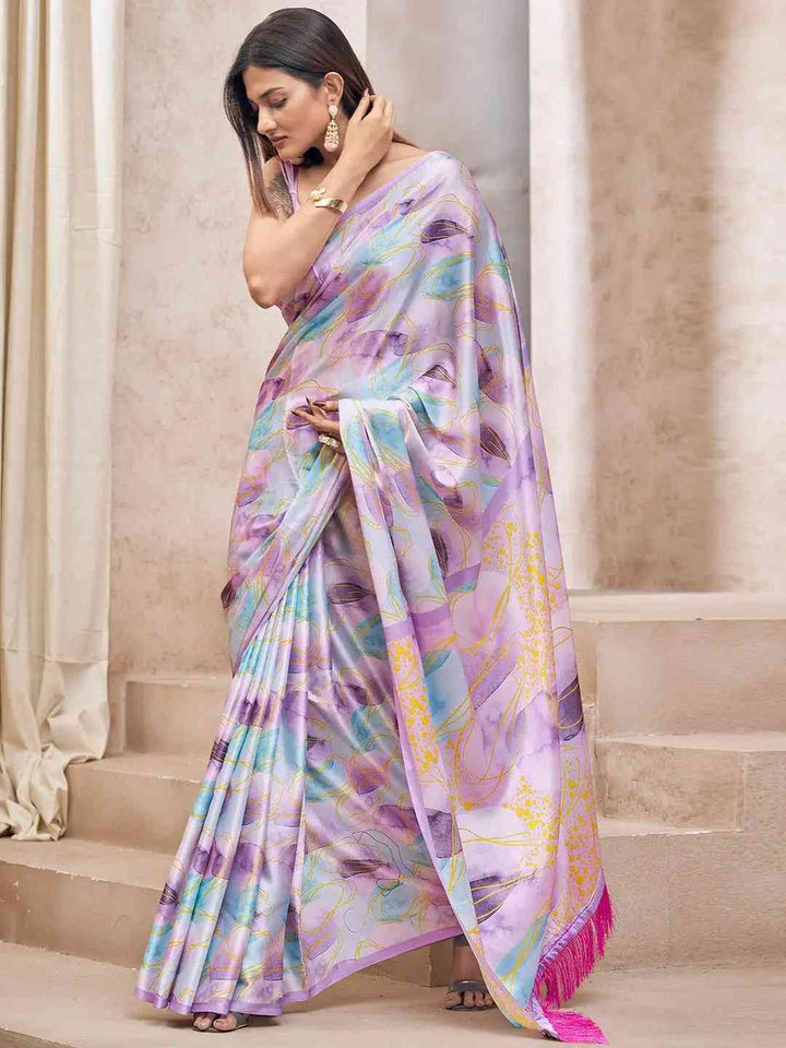 Lavender Soft Silk Saree with Abstract Multicolor Digital Print & Pink Tassel Border