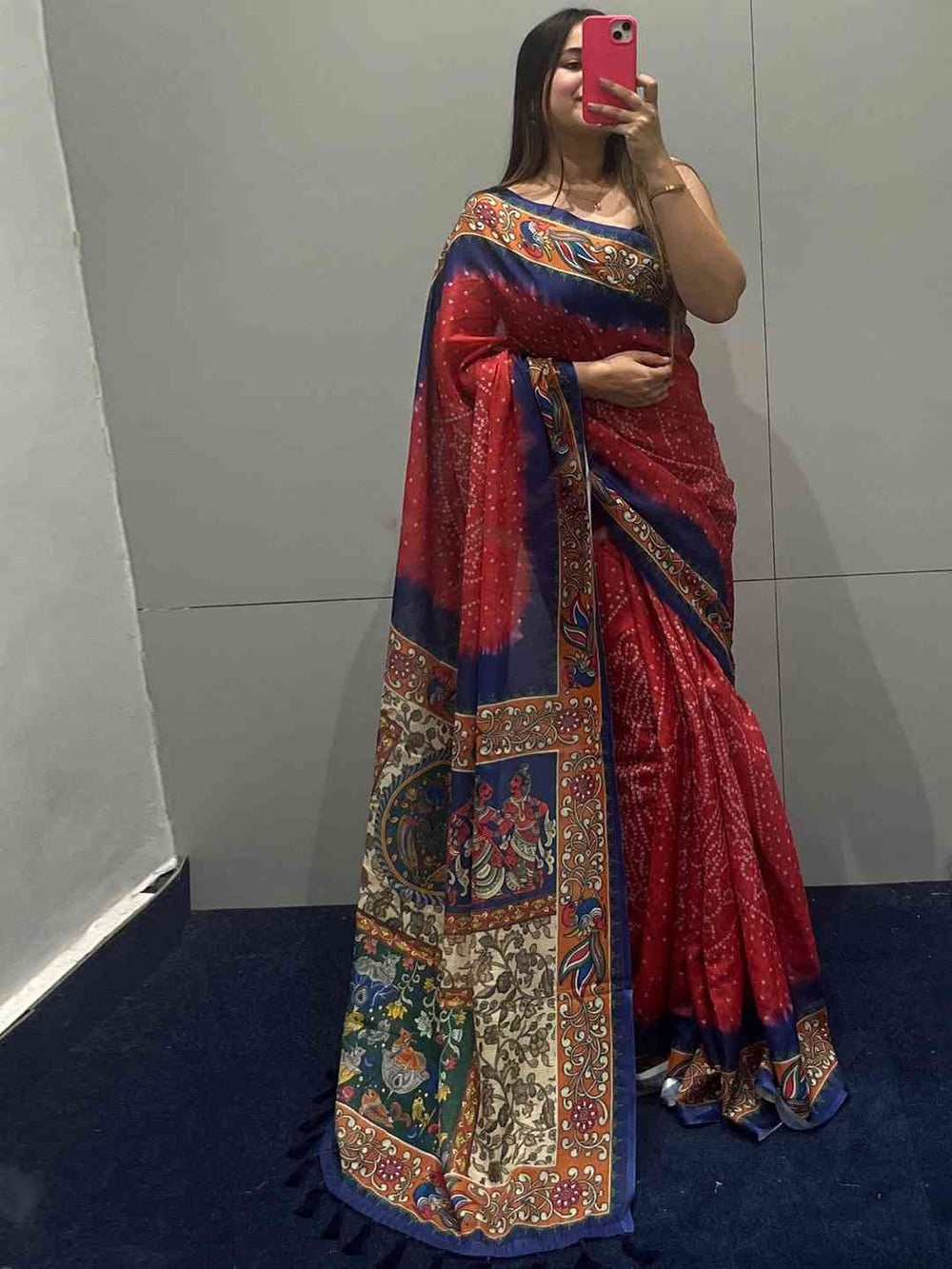 Red Bandhani Print Soft Silk Saree with Multicolor Kalamkari Pallu & Blue Border