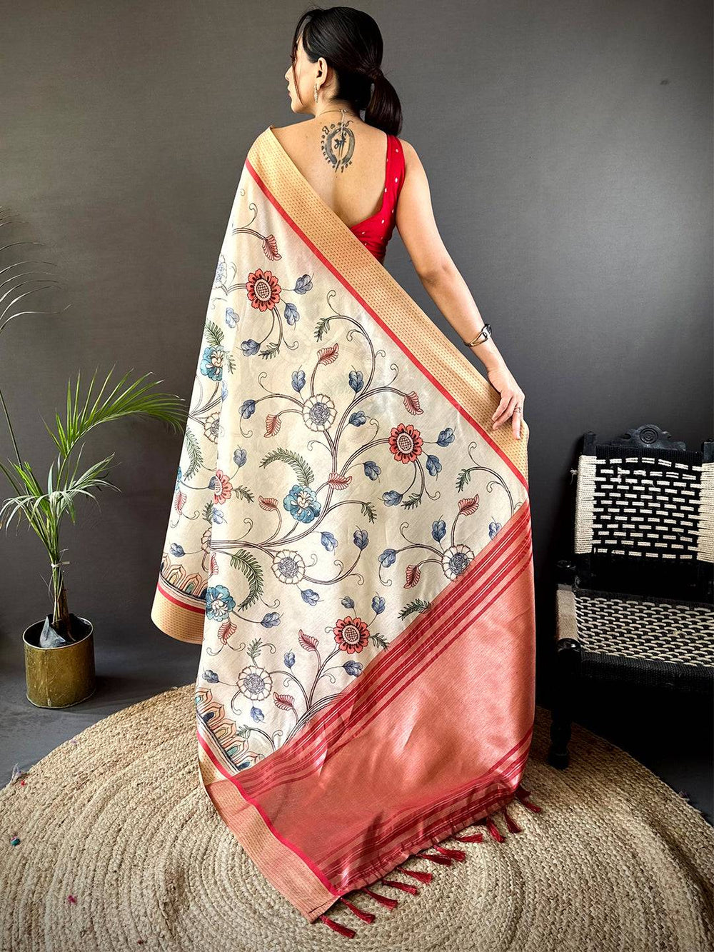 Cream Soft Silk Saree with Multicolor Floral Print & Copper Zari Pallu