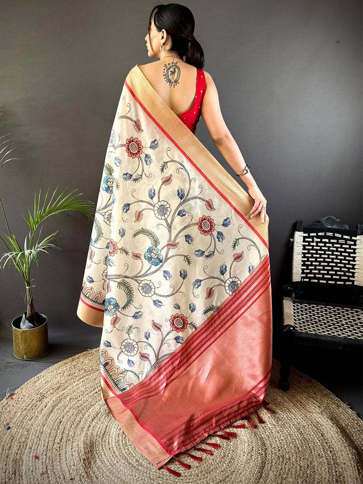Cream Soft Silk Saree with Multicolor Floral Print & Copper Zari Pallu