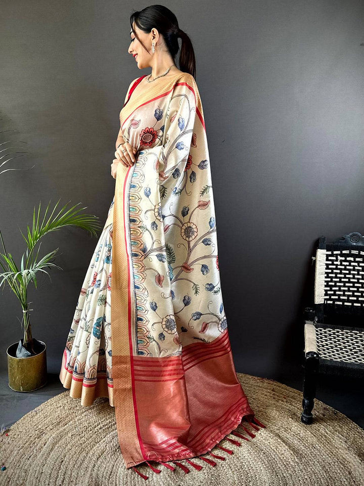 Cream Soft Silk Saree with Multicolor Floral Print & Copper Zari Pallu