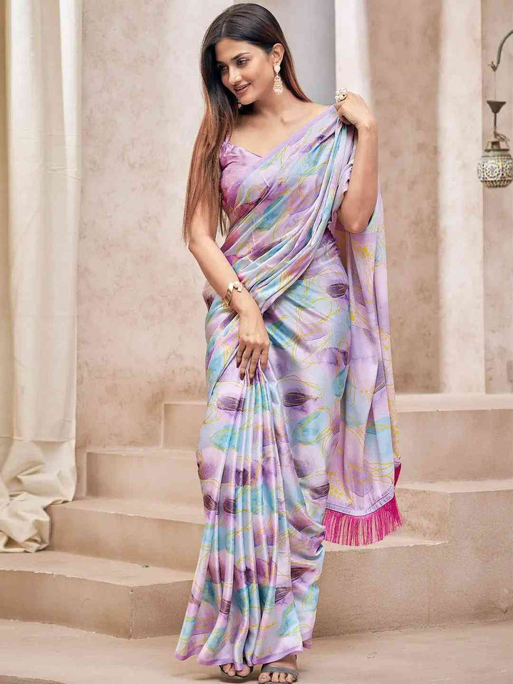 Lavender Soft Silk Saree with Abstract Multicolor Digital Print & Pink Tassel Border