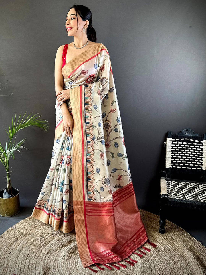 Cream Soft Silk Saree with Multicolor Floral Print & Copper Zari Pallu