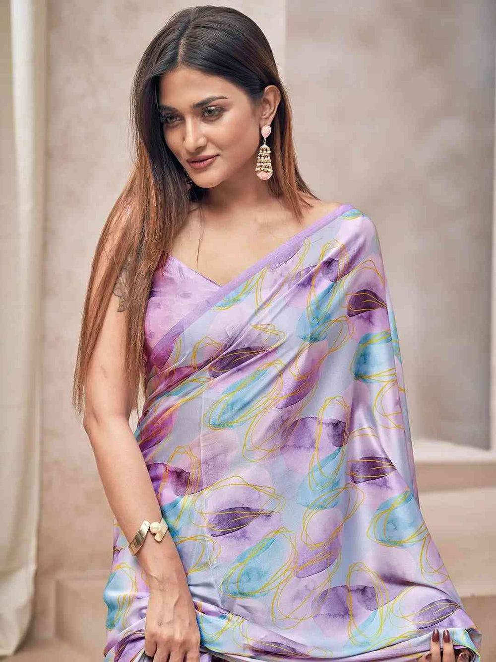 Lavender Soft Silk Saree with Abstract Multicolor Digital Print & Pink Tassel Border