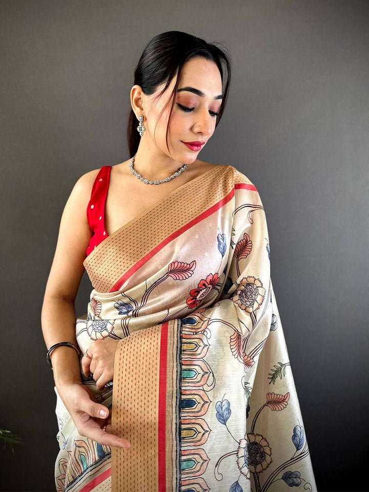 Cream Soft Silk Saree with Multicolor Floral Print & Copper Zari Pallu
