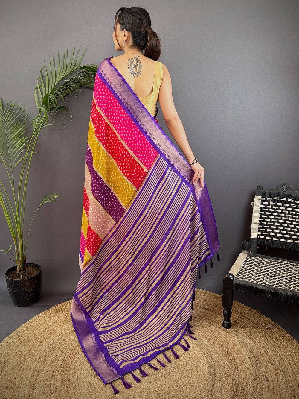 Multicolor Bandhej Soft Silk Saree with Purple Zari Border & Striped Pallu