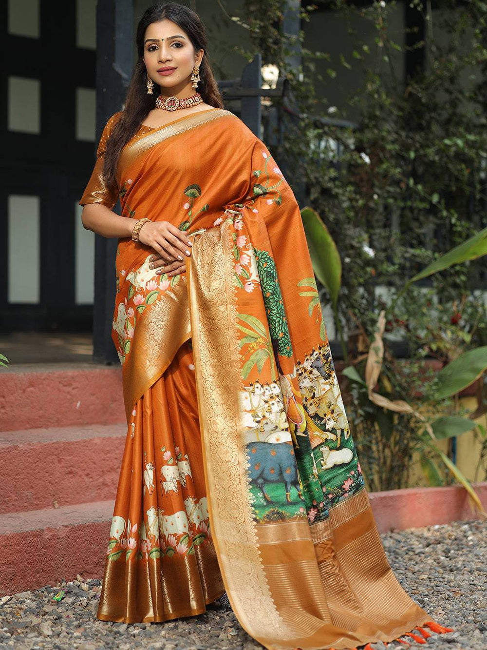 Rust Orange Soft Silk Saree with Cow Kalamkari Pallu & Golden Zari Border