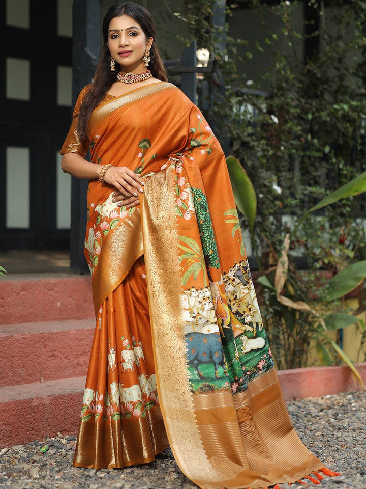 Rust Orange Soft Silk Saree with Cow Kalamkari Pallu & Golden Zari Border