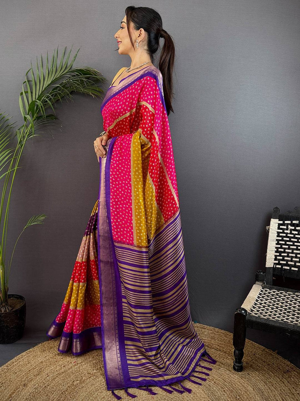 Multicolor Bandhej Soft Silk Saree with Purple Zari Border & Striped Pallu