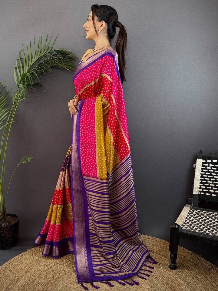 Multicolor Bandhej Soft Silk Saree with Purple Zari Border & Striped Pallu