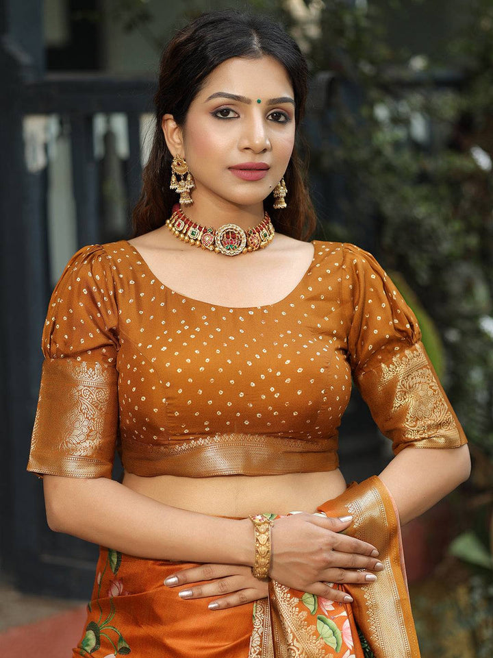 Rust Orange Soft Silk Saree with Cow Kalamkari Pallu & Golden Zari Border