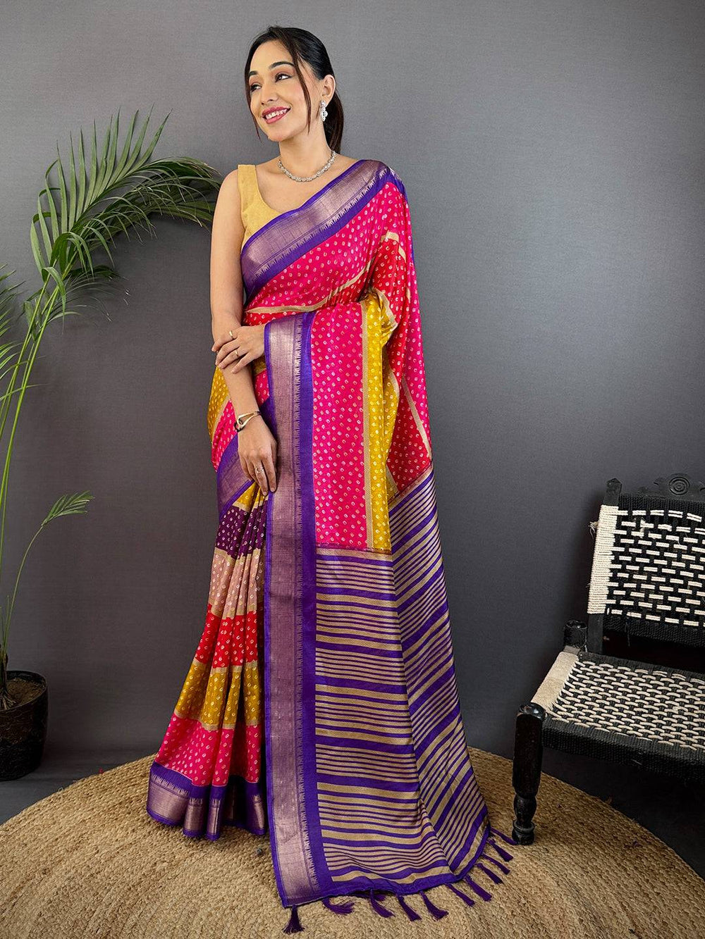 Multicolor Bandhej Soft Silk Saree with Purple Zari Border & Striped Pallu