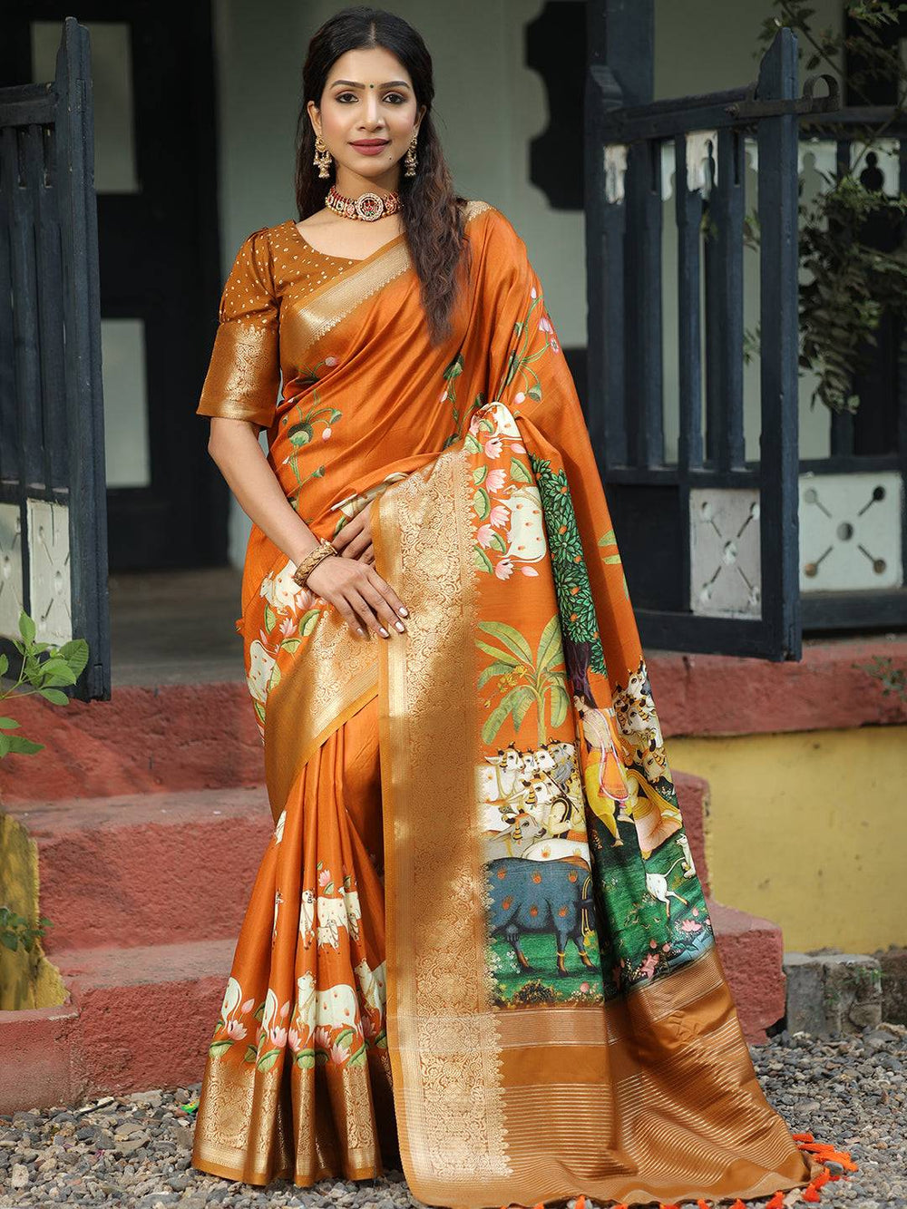 Rust Orange Soft Silk Saree with Cow Kalamkari Pallu & Golden Zari Border