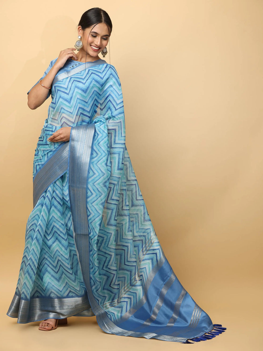 Sky Blue & Navy Zigzag Soft Silk Saree with Silver Zari Border