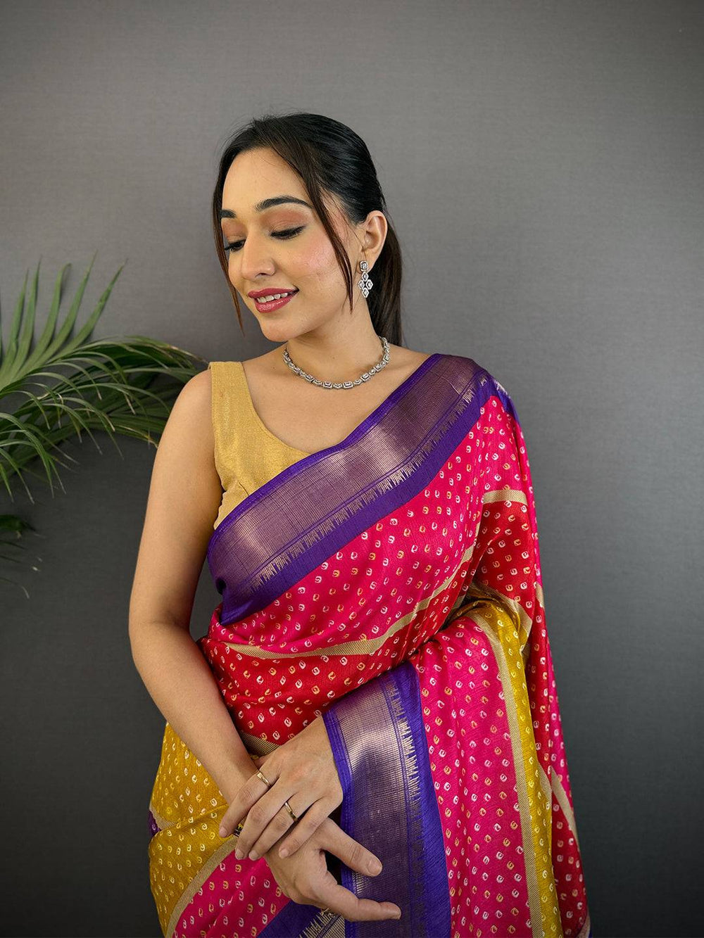 Multicolor Bandhej Soft Silk Saree with Purple Zari Border & Striped Pallu