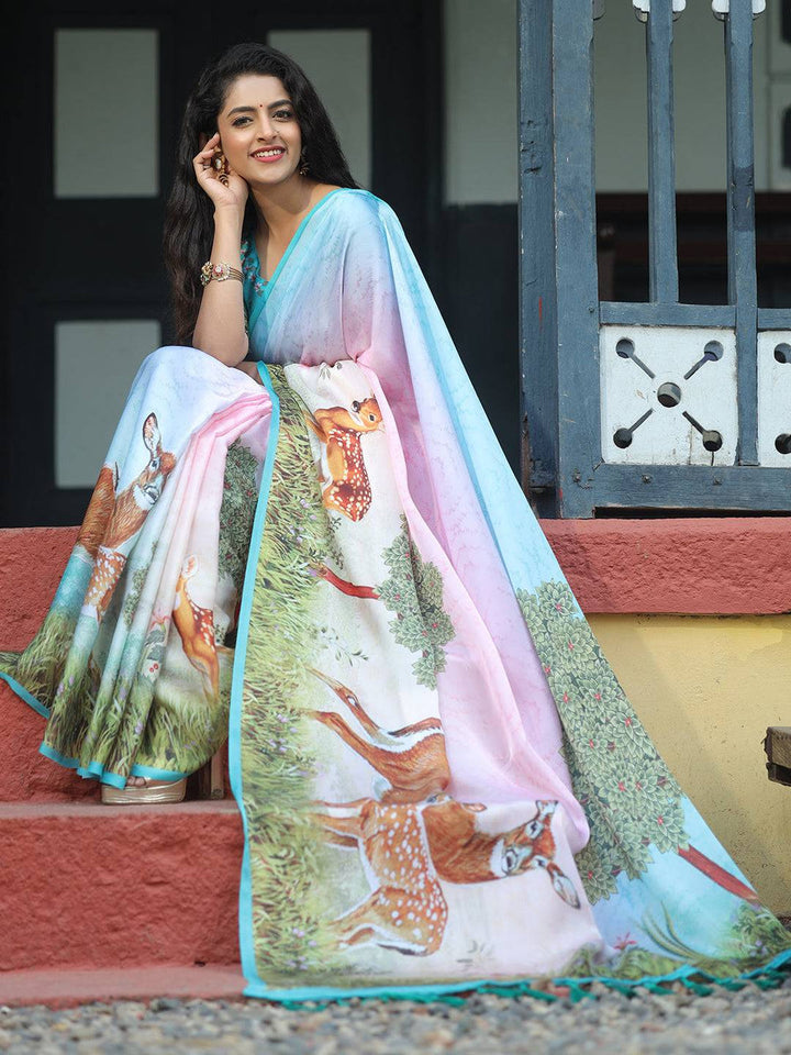 Pastel Pink & Blue Soft Silk Saree with Deer Forest Print Pallu