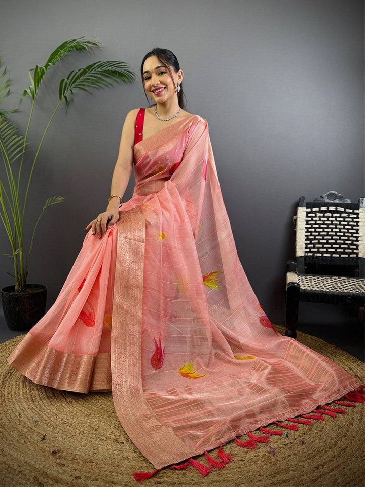 Peach Soft Silk Saree with Floral Print & Copper Zari Border