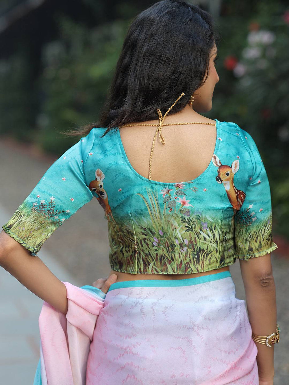Pastel Pink & Blue Soft Silk Saree with Deer Forest Print Pallu