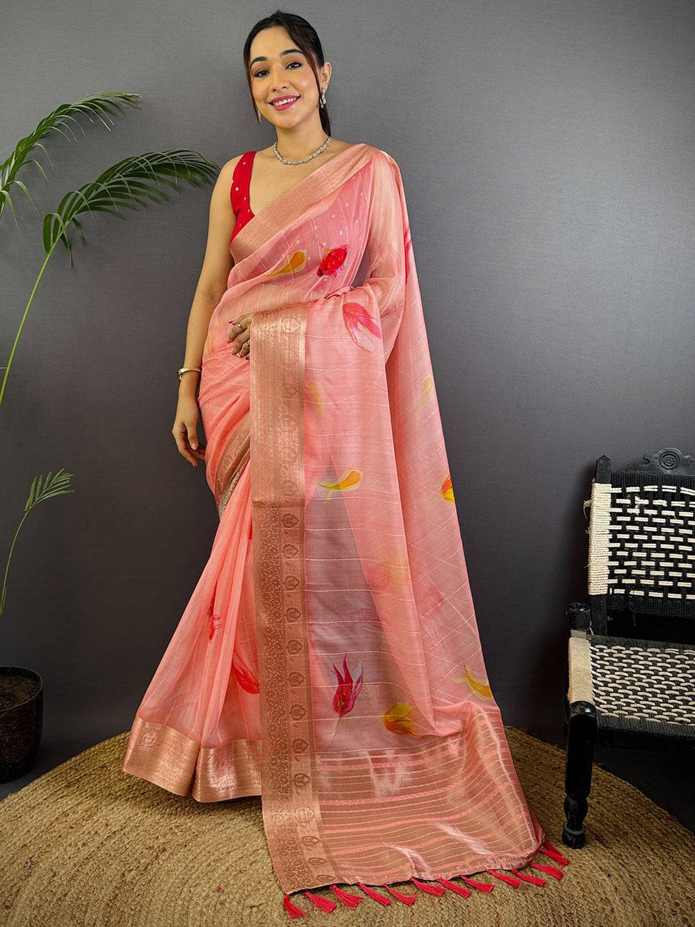 Peach Soft Silk Saree with Floral Print & Copper Zari Border