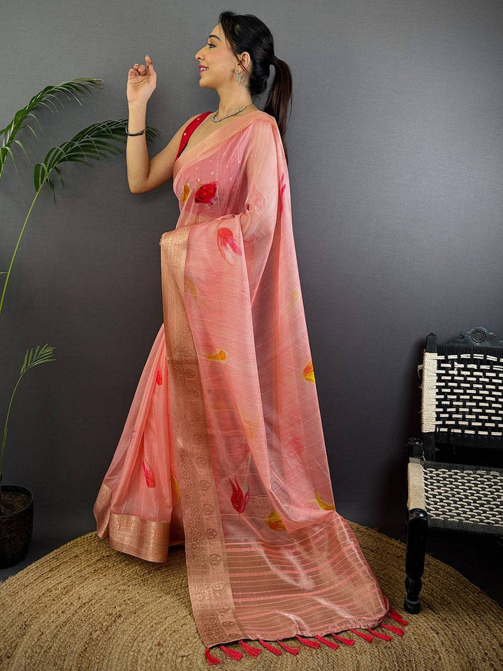 Peach Soft Silk Saree with Floral Print & Copper Zari Border