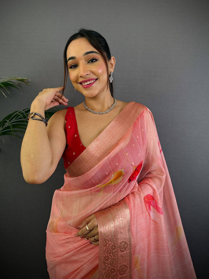 Peach Soft Silk Saree with Floral Print & Copper Zari Border
