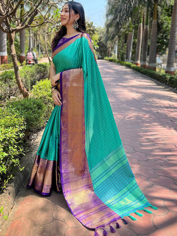 Teal Soft Silk Saree with Purple Gold Zari Border & Traditional Woven Pallu