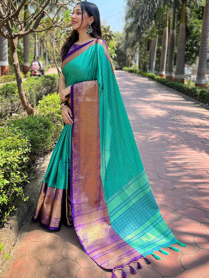 Teal Soft Silk Saree with Purple Gold Zari Border & Traditional Woven Pallu