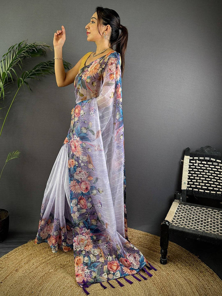 Lavender Soft Organza Saree with Digital Floral Print & Contrast Tassel Pallu