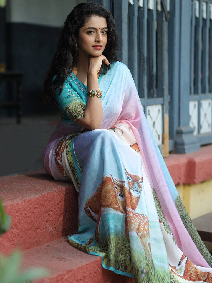 Pastel Pink & Blue Soft Silk Saree with Deer Forest Print Pallu