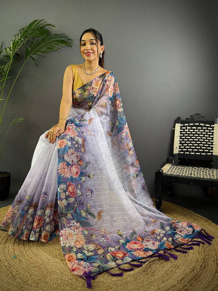 Lavender Soft Organza Saree with Digital Floral Print & Contrast Tassel Pallu