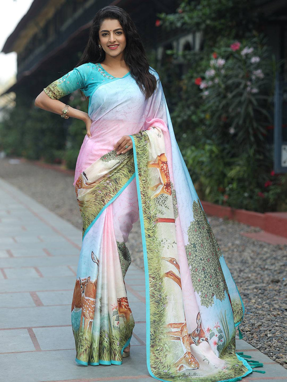 Pastel Pink & Blue Soft Silk Saree with Deer Forest Print Pallu