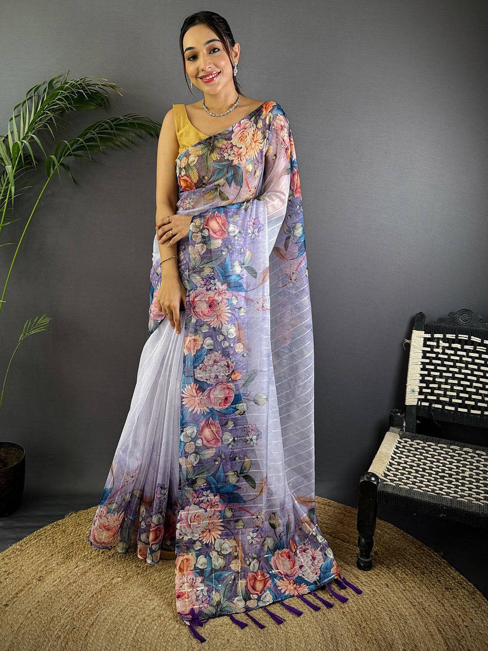 Lavender Soft Organza Saree with Digital Floral Print & Contrast Tassel Pallu