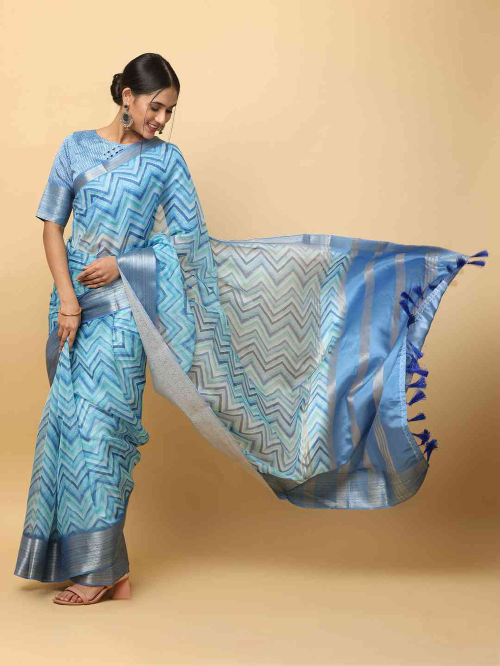 Sky Blue & Navy Zigzag Soft Silk Saree with Silver Zari Border