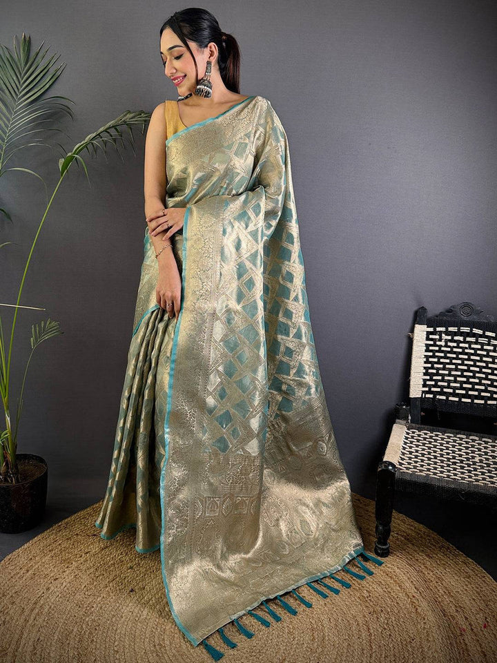 Elegant Gold & Teal Banarasi Silk Saree with Zari Weaving & Tassel Pallu