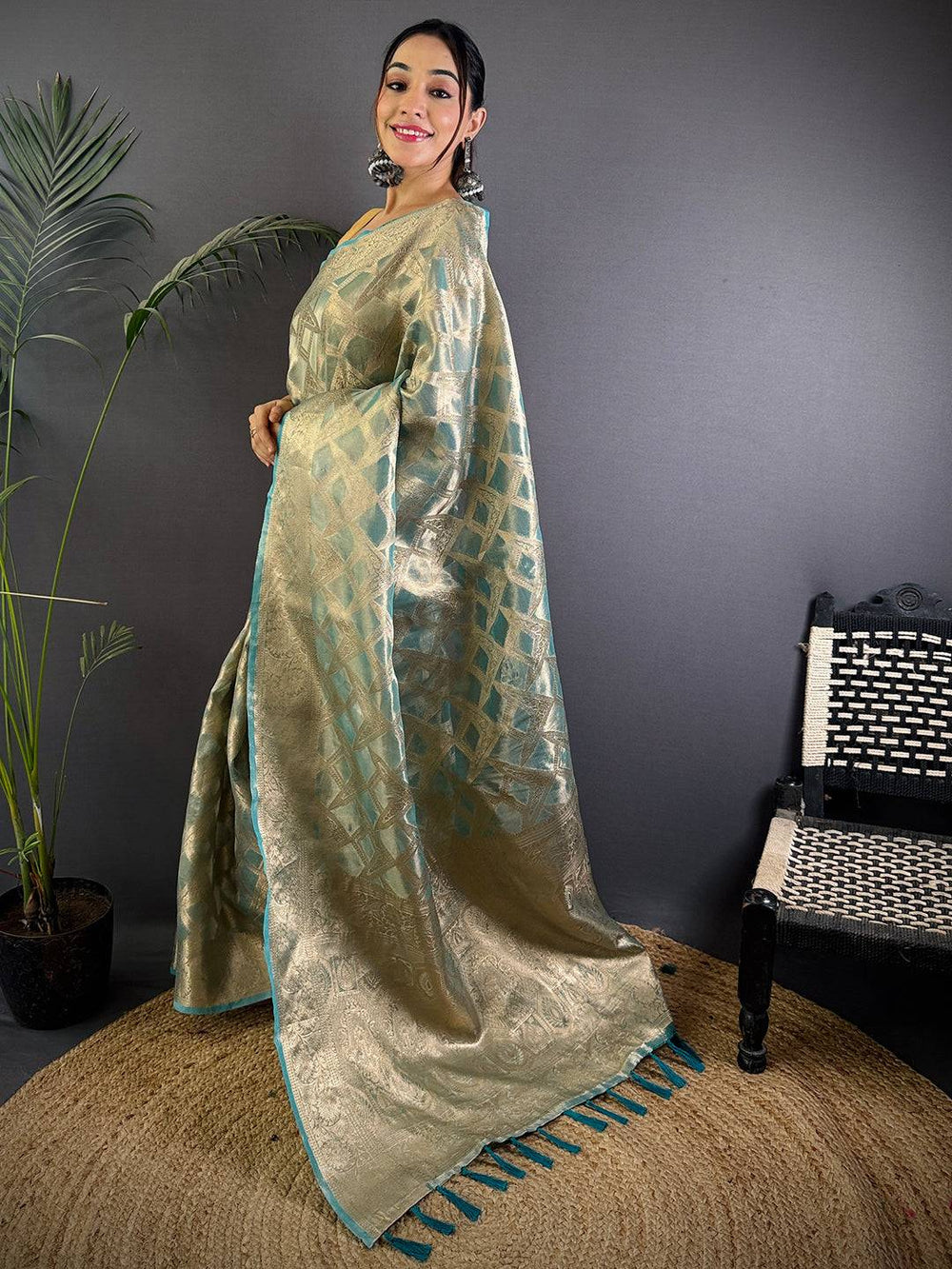 Elegant Gold & Teal Banarasi Silk Saree with Zari Weaving & Tassel Pallu