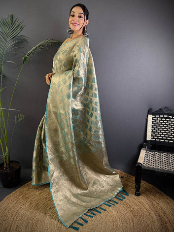 Elegant Gold & Teal Banarasi Silk Saree with Zari Weaving & Tassel Pallu