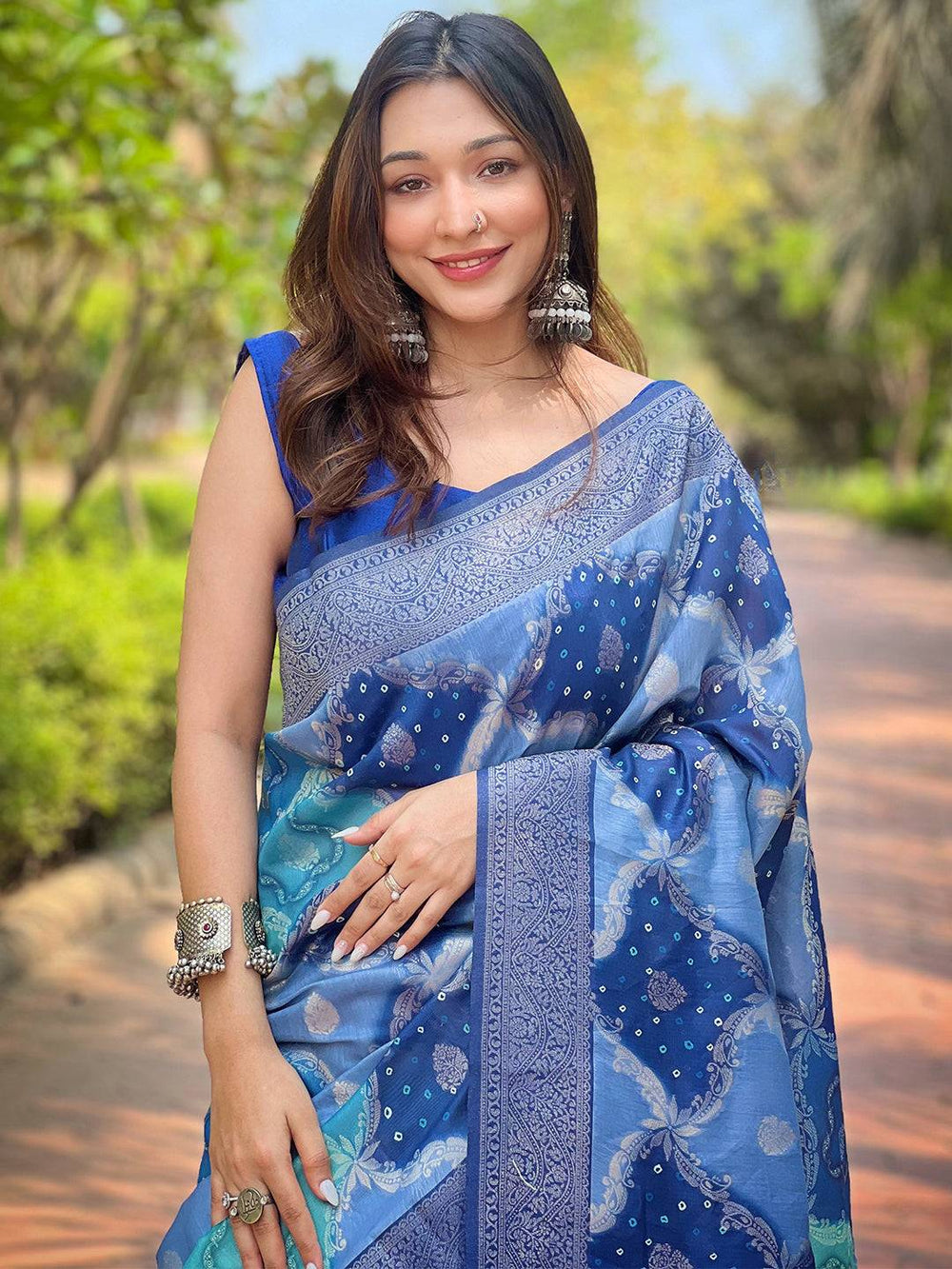 Blue Soft Silk Saree with Abstract Digital Print & Royal Zari Border