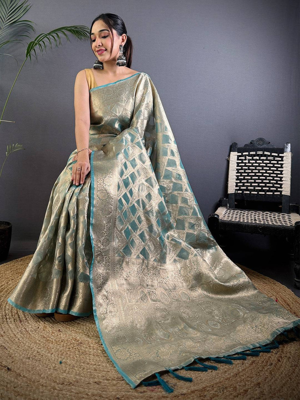 Elegant Gold & Teal Banarasi Silk Saree with Zari Weaving & Tassel Pallu