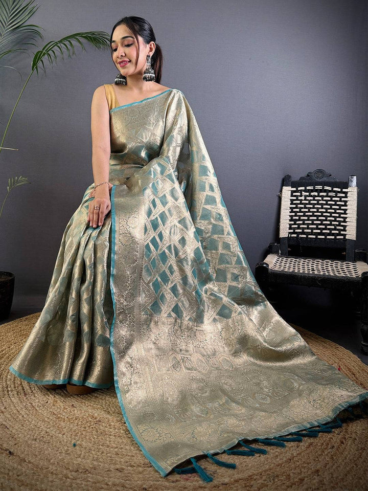 Elegant Gold & Teal Banarasi Silk Saree with Zari Weaving & Tassel Pallu