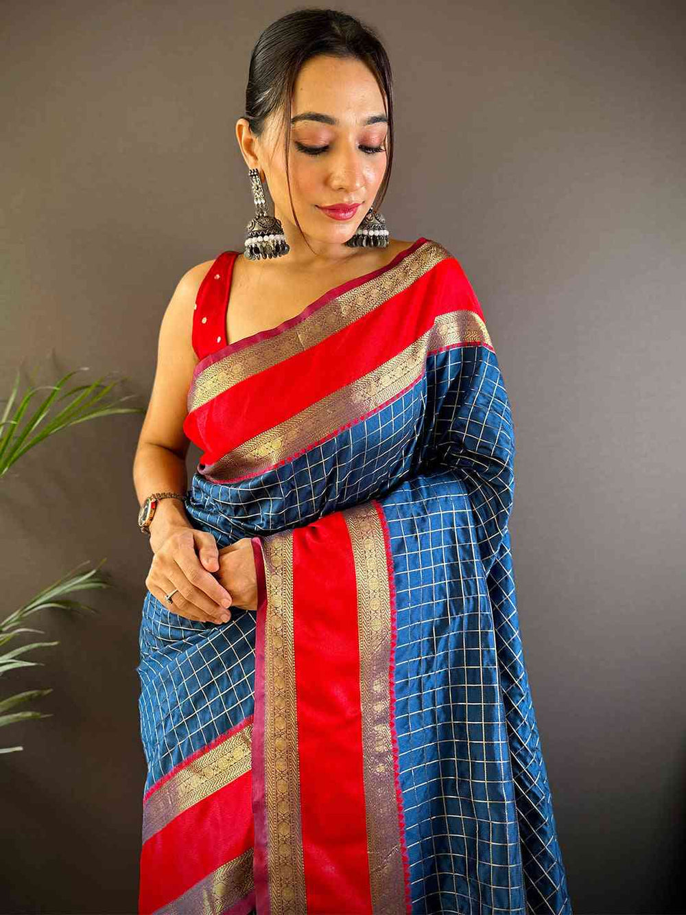 Blue & Red Soft Silk Saree with Golden Zari Checks and Dual-Tone Border