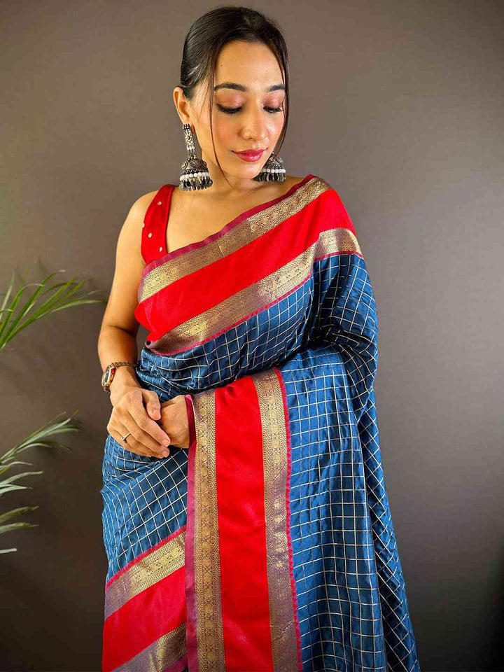 Blue & Red Soft Silk Saree with Golden Zari Checks and Dual-Tone Border