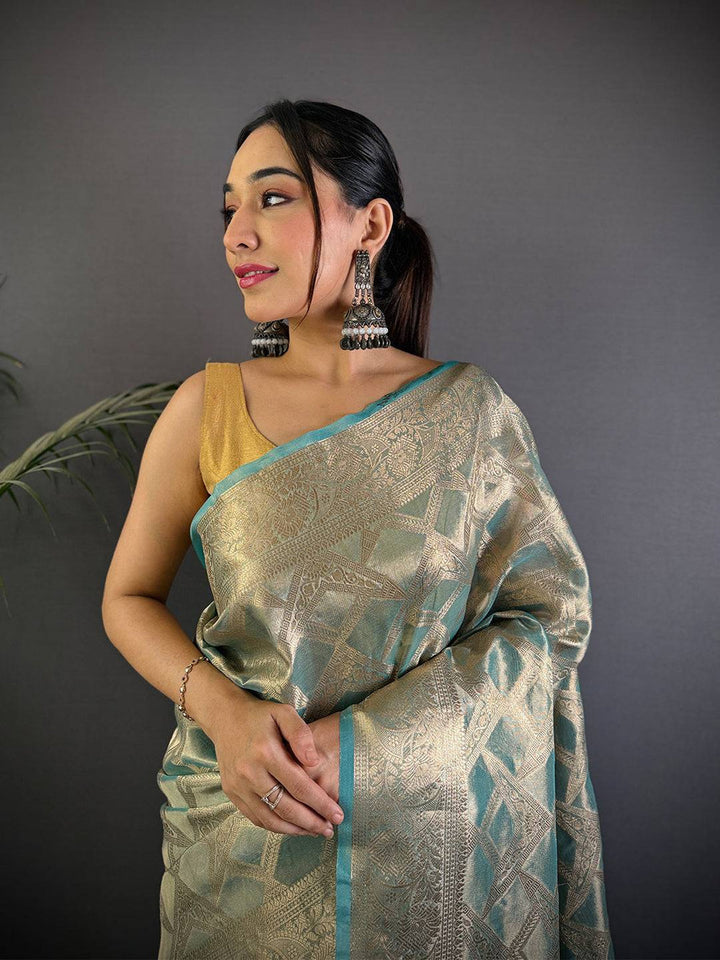 Elegant Gold & Teal Banarasi Silk Saree with Zari Weaving & Tassel Pallu