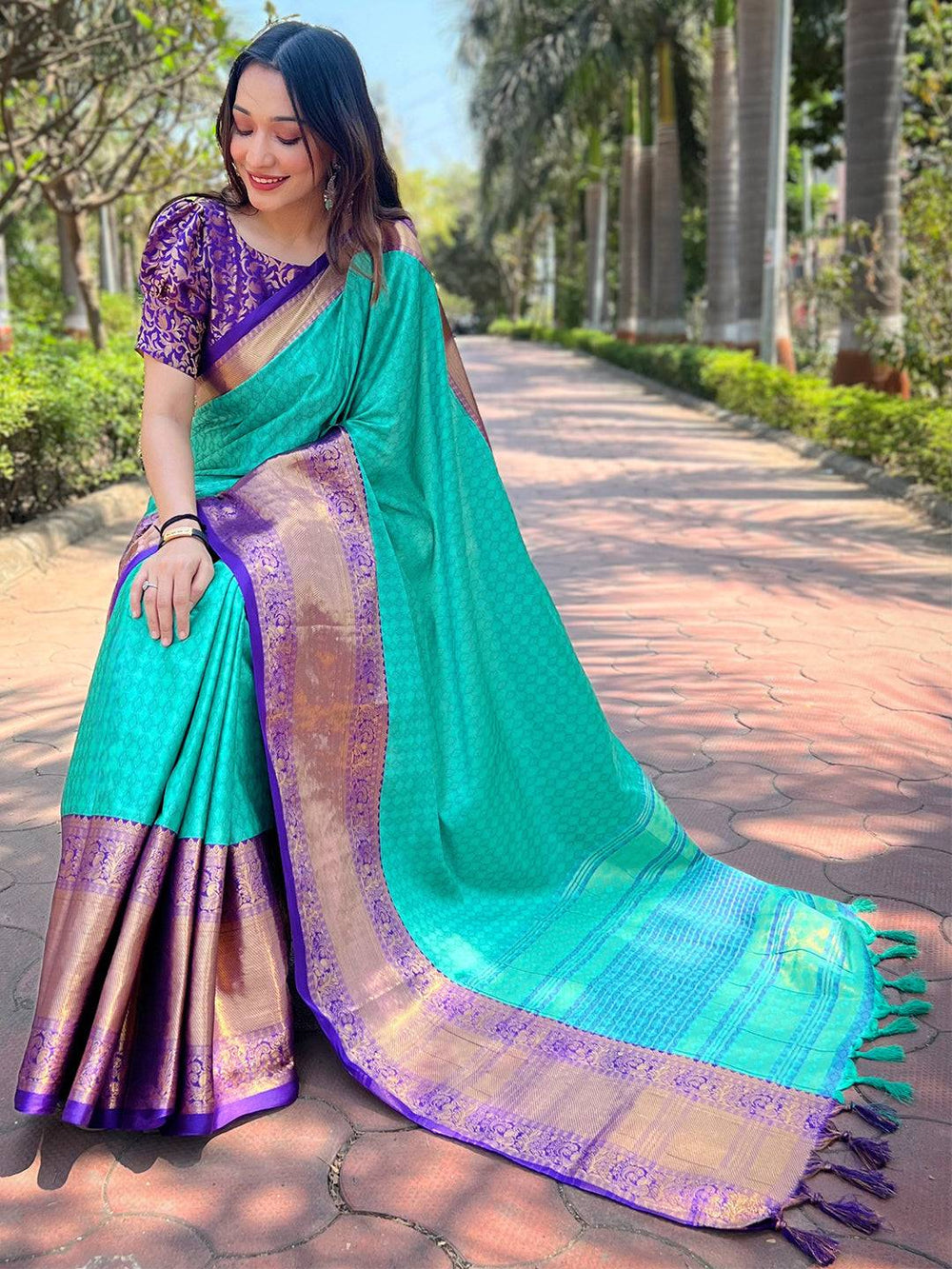 Teal Soft Silk Saree with Purple Gold Zari Border & Traditional Woven Pallu