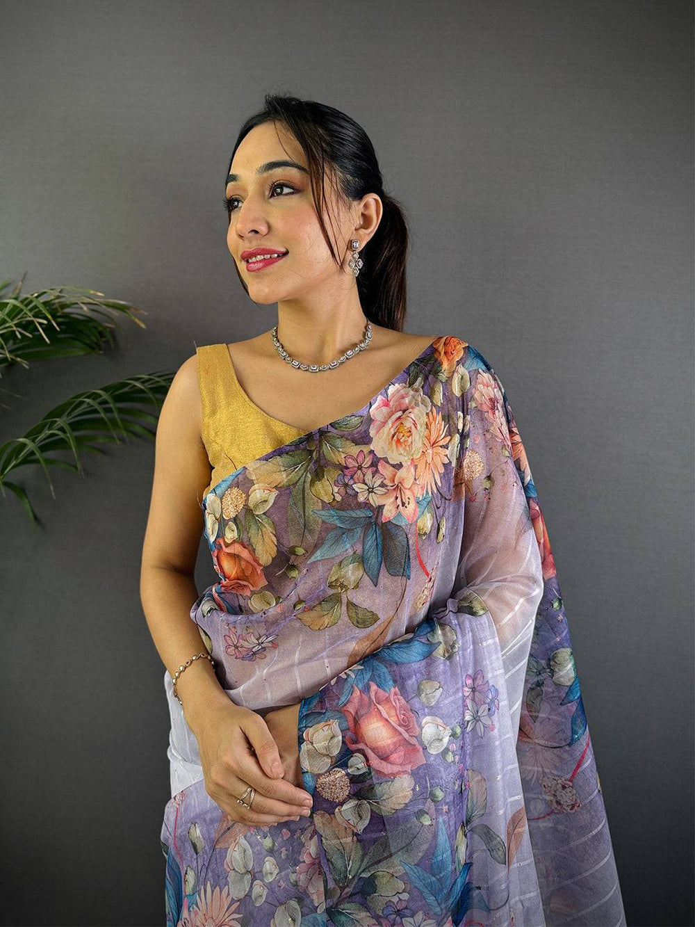 Lavender Soft Organza Saree with Digital Floral Print & Contrast Tassel Pallu