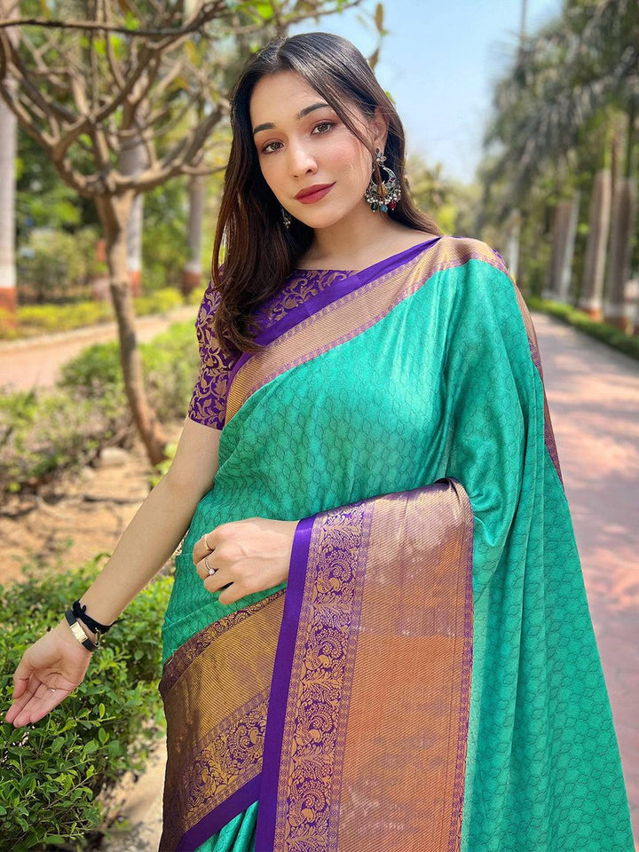 Teal Soft Silk Saree with Purple Gold Zari Border & Traditional Woven Pallu