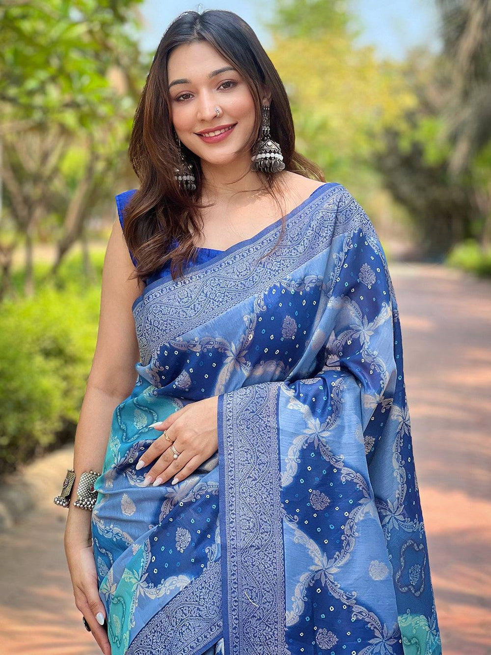 Blue Soft Silk Saree with Abstract Digital Print & Royal Zari Border