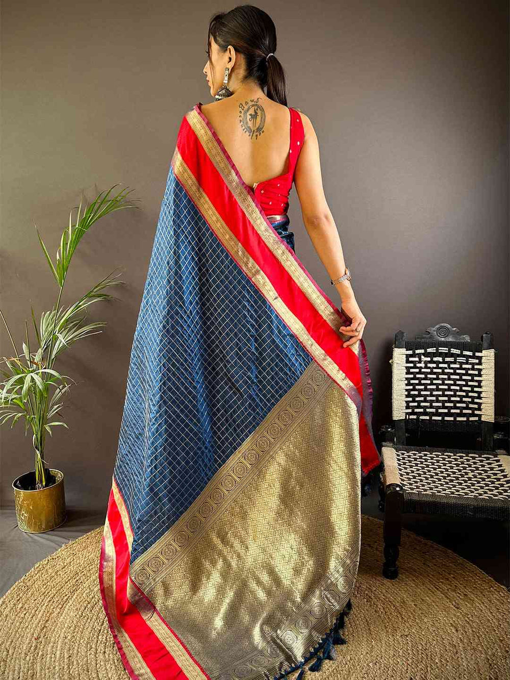 Blue & Red Soft Silk Saree with Golden Zari Checks and Dual-Tone Border