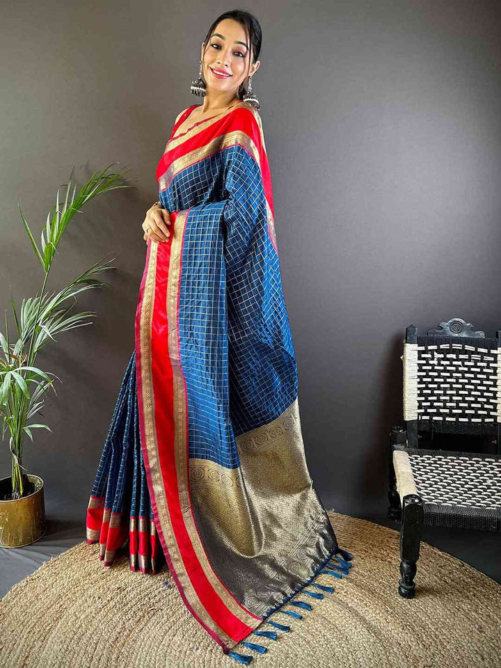Blue & Red Soft Silk Saree with Golden Zari Checks and Dual-Tone Border